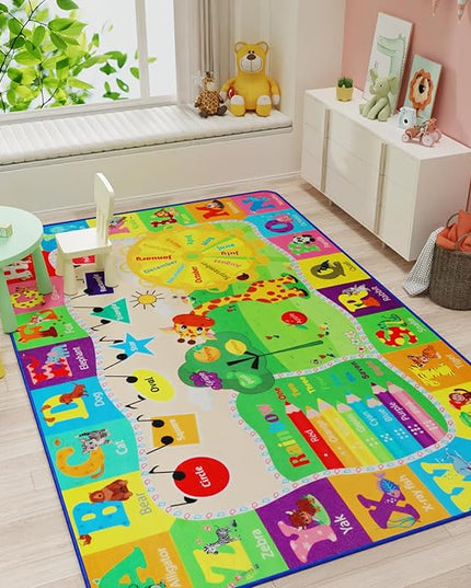 7x10 Kids Rug Play Mat Carpet Educational and Fun Playmat with ABC Alphabet Animals Shapes Colors Large Area Rug Learning Rugs for Bedroom Playroom Baby Toddler Children Play Game Activity - LeafyLoom