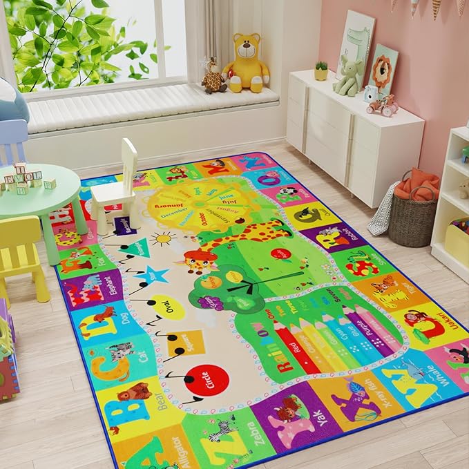 6x9 Kids Room Rug Play Mat Carpet Educational and Fun Playmat with ABC Alphabet Animals Shapes Colors Non Slip Area Rug Learning Rugs for Bedroom Playroom Baby Toddler Children Play Game Activity - LeafyLoom