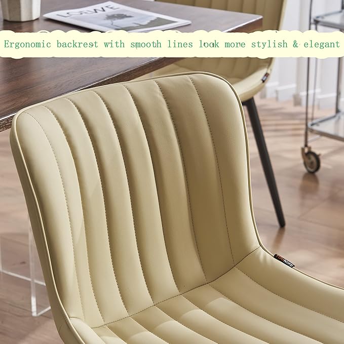 YOUNUOKE Beige Dining Chairs Set of 2 Upholstered Mid Century Kitchen Chairs Armless Faux Leather Modern Side Chair with Padded Backs Metal Legs for Living Room Bedrooms - LeafyLoom