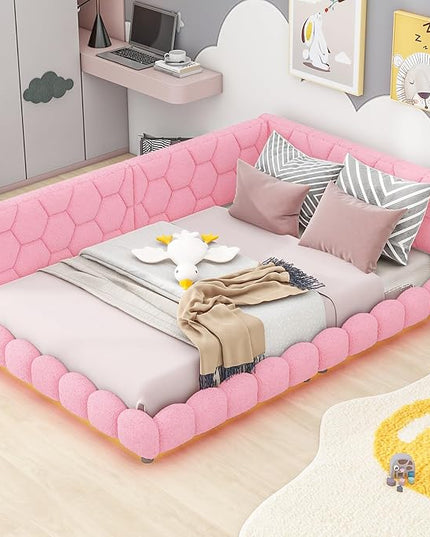 Full Size Upholstered Daybed Sofa Bed with L-shaped Headboard, USB Ports and LED Belt, Pink - LeafyLoom