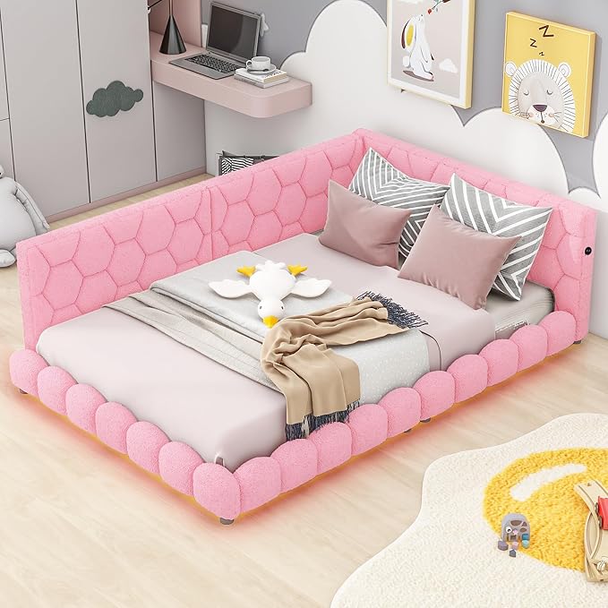 Full Size Upholstered Daybed Sofa Bed with L-shaped Headboard, USB Ports and LED Belt, Pink - LeafyLoom