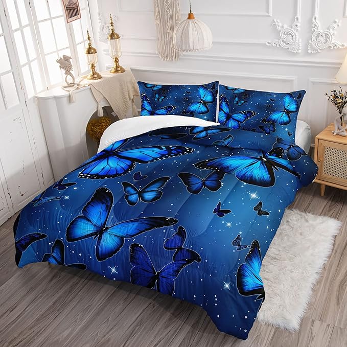 Datura home Blue Butterfly Comforter Set for Girls Women,Bright Blue Butterflies in Blue Sky with Stars Printed Bedding Set with 2 Pillowcases(Butterfly Blue Twin) - LeafyLoom