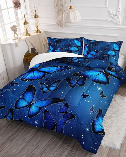 Datura home Blue Butterfly Comforter Set for Girls Women,Bright Blue Butterflies in Blue Sky with Stars Printed Bedding Set with 2 Pillowcases(Butterfly Blue Queen) - LeafyLoom