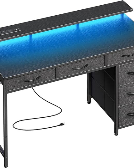 Gaming Desk with 6 Drawers, Computer Desk with LED Lights Power Outlets and Type-C, 39 Inch Office Desk with Storage, Monitor Stand, Writing Desk Work Desk Home Office, Bedroom, Study, Black - LeafyLoom