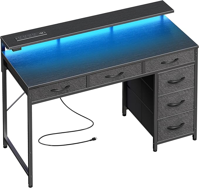 Gaming Desk with 6 Drawers, Computer Desk with LED Lights Power Outlets and Type-C, 39 Inch Office Desk with Storage, Monitor Stand, Writing Desk Work Desk Home Office, Bedroom, Study, Black - LeafyLoom
