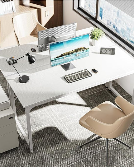 Computer Desk, 63 Inch Office Desk, Gaming Desk with Storage, Writing Desk Work Desk for Home Office, Study, Modern Simple Desk, Large Legroom, Metal Frame, White - LeafyLoom