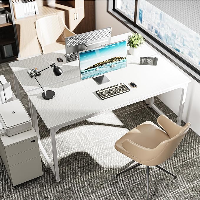 Computer Desk, 63 Inch Office Desk, Gaming Desk with Storage, Writing Desk Work Desk for Home Office, Study, Modern Simple Desk, Large Legroom, Metal Frame, White - LeafyLoom