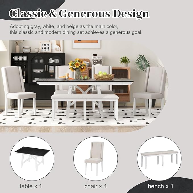 6-Piece Wooden Extendable Dining Table Set with two 12" W Removable Leaves and 4 Upholstered Chairs & 1 Bench for Kitchen Room, White+Black - LeafyLoom