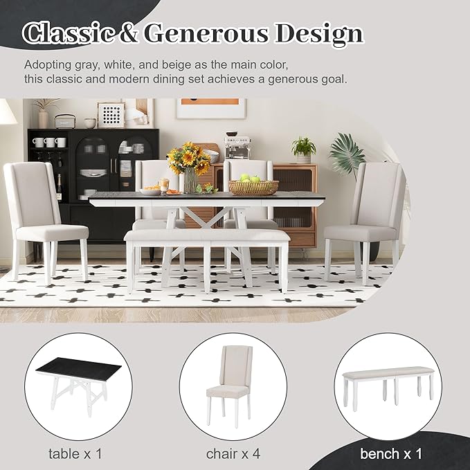 Classic Dining Table Set for 6 with 78" Extendable Rectangular Tabletop with Two 12" W Removable Leaves and 4 Upholstered Chairs & 1 Bench for Kitchen Living Room, White+Black - LeafyLoom