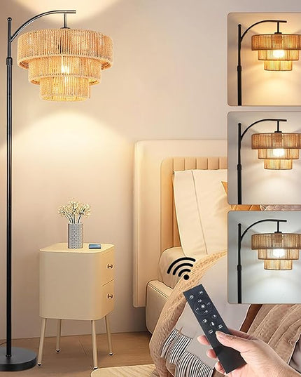 Boho Floor Lamp for Living Room with Remote,Arc Floor Lamps Rattan Standing Lamp Dimmable Farmhouse Tall Lamp with 3-Tier Wicker Lamp Shade Adjustable Black Floor Light for Bedroom Bohemian - LeafyLoom