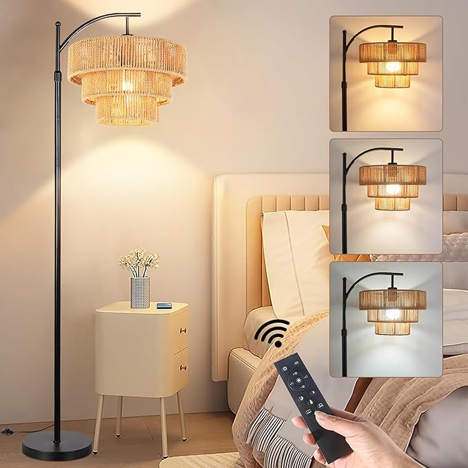 Boho Floor Lamp for Living Room with Remote,Arc Floor Lamps Rattan Standing Lamp Dimmable Farmhouse Tall Lamp with 3-Tier Wicker Lamp Shade Adjustable Black Floor Light for Bedroom Bohemian - LeafyLoom