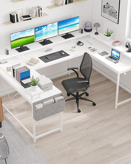 U Shaped Computer Gaming Desk, Reversible L Shaped Desk with Power Outlets, LED Strip & Monitor Stand, Large Corner Desk with Storage Shelves for Home Office, White - LeafyLoom