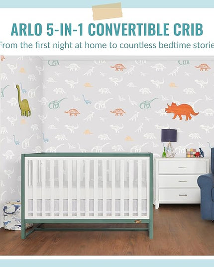 Arlo 5-in-1 Convertible Crib in Jungle Green, JPMA Certified, 3 Mattress Height Settings, Non-Toxic Finish, Made of Sustainable and Sturdy Pinewood - LeafyLoom