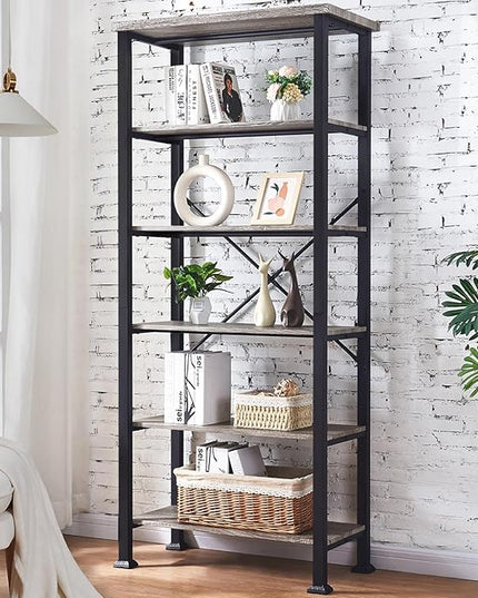 HOMBAZAAR Bookshelf, 6-Tier Vintage Industrial Book Shelf, Rustic Wood and Metal Bookcase and Bookshelves, Free Standing Storage Large Bookshelf for Living Room, Bedroom and Kitchen, Grey Oak - LeafyLoom