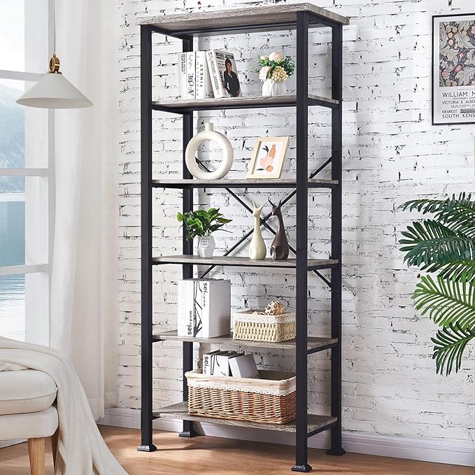 HOMBAZAAR Bookshelf, 6-Tier Vintage Industrial Book Shelf, Rustic Wood and Metal Bookcase and Bookshelves, Free Standing Storage Large Bookshelf for Living Room, Bedroom and Kitchen, Grey Oak - LeafyLoom