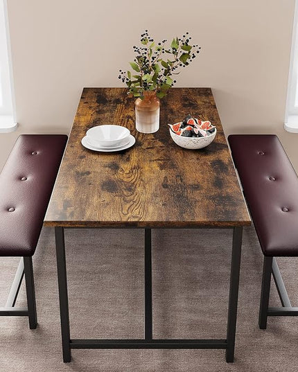 GAOMON Dining Table Set for 4, Kitchen Table with Benches, Rectangular Dining Room Table Set with 2 Upholstered Benches, 3 Piece Kitchen Table Set for Small Space, Apartment, Studio, Retro Brown - LeafyLoom