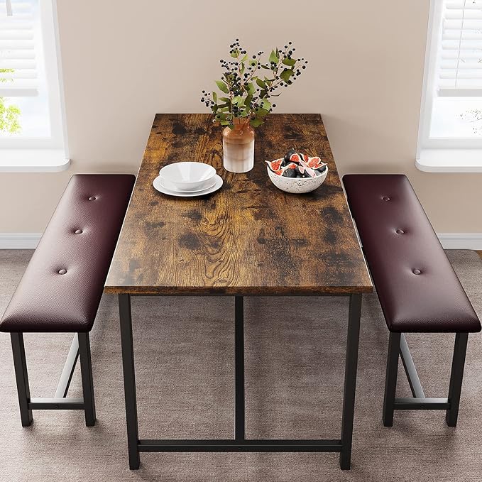 GAOMON Dining Table Set for 4, Kitchen Table with Benches, Rectangular Dining Room Table Set with 2 Upholstered Benches, 3 Piece Kitchen Table Set for Small Space, Apartment, Studio, Retro Brown - LeafyLoom