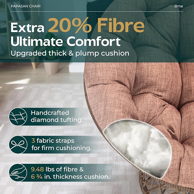 Bme 40" Ergonomic Wicker Papasan Chair with Soft Thick Density Fabric Cushion, High Capacity Steel Frame, 360 Degree Swivel for Living, Bedroom, Reading Room, Lounge, Cinnamon Mocha - Brown Base - LeafyLoom