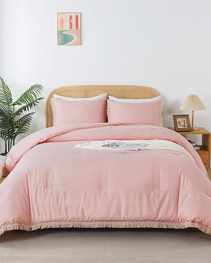 Andency Pink Tassel Comforter Set Full(79x90Inch), 3 Pieces(1 boho Comforter, 2 Pillowcases) Farmhouse Shabby Chic Comforter Set, Soft Microfiber Lightweight Fringe Bedding Comforter Set - LeafyLoom