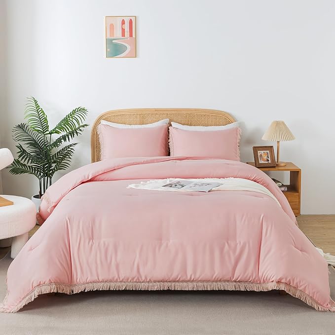 Andency Pink Tassel Comforter Set Full(79x90Inch), 3 Pieces(1 boho Comforter, 2 Pillowcases) Farmhouse Shabby Chic Comforter Set, Soft Microfiber Lightweight Fringe Bedding Comforter Set - LeafyLoom