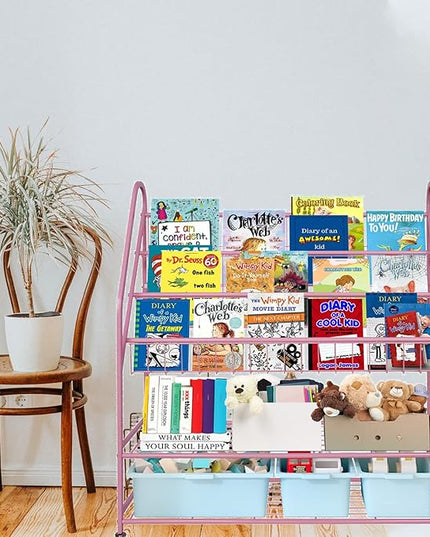 aboxoo Metal Kids Bookshelf Pink Bookcase Freestanding for Children Girls Room 32 inches Large Toddler Pink Stable Bookcase Bookstore Library Book Unit Storage - LeafyLoom