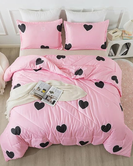 Girls Pink Comforter Set Twin Size, Blush Pink Cute Love Heart Print Sexy Comforter Bedding Set for All Seasons, Geometric Soft Microfiber Comforter Set with Pillowsham - LeafyLoom