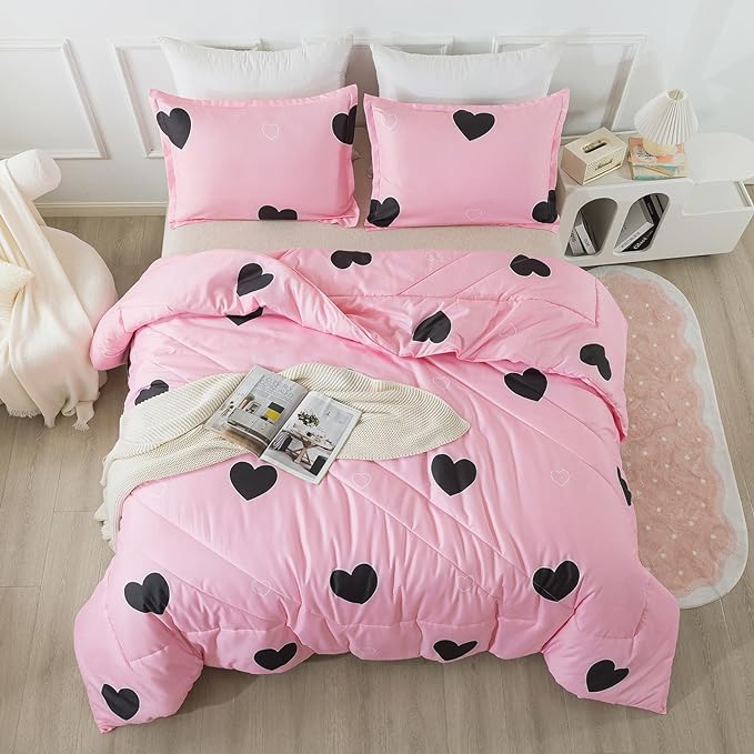 Girls Pink Comforter Set Twin Size, Blush Pink Cute Love Heart Print Sexy Comforter Bedding Set for All Seasons, Geometric Soft Microfiber Comforter Set with Pillowsham - LeafyLoom
