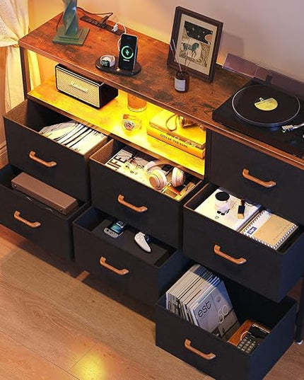 AODK Dresser with LED Lights and Power Outlet, 52-Inch Long Dresser TV Stand for Bedoom, Fabric TV Stand with 7 Large Storage Drawers and Shelves for Living Room, Vintage and Black - LeafyLoom