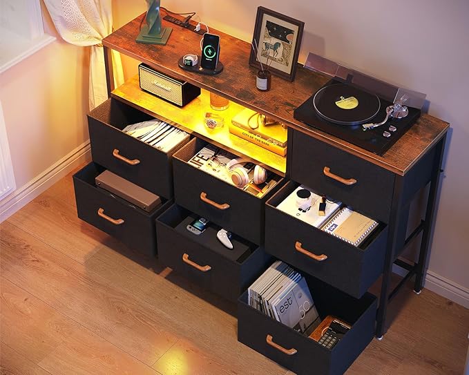 AODK Dresser with LED Lights and Power Outlet, 52-Inch Long Dresser TV Stand for Bedoom, Fabric TV Stand with 7 Large Storage Drawers and Shelves for Living Room, Vintage and Black - LeafyLoom