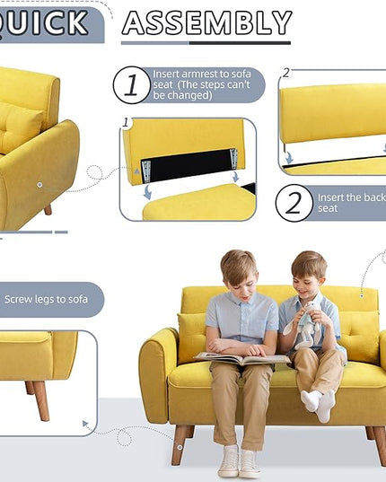 Shintenchi 47" Small Modern Loveseat Couch Sofa, Fabric Upholstered 2-Seat Sofa, Love Seat Furniture with 2 Pillows, Wood Leg for Small Space, Living Room, Bedroom, Apartment, Yellow - LeafyLoom