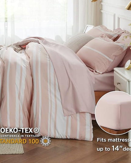 Bedsure Light Pink Comforter Set Queen 7 Pieces, Light Pink White Striped Bedding Sets All Season Bed in a Bag, 2 Pillow Shams, Flat Sheet, Fitted Sheet and 2 Pillowcases - LeafyLoom