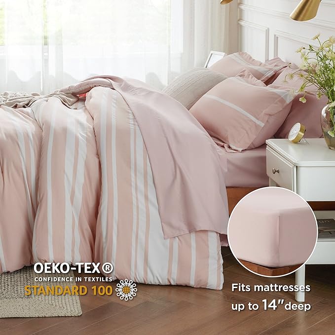 Bedsure Light Pink Comforter Set Queen 7 Pieces, Light Pink White Striped Bedding Sets All Season Bed in a Bag, 2 Pillow Shams, Flat Sheet, Fitted Sheet and 2 Pillowcases - LeafyLoom