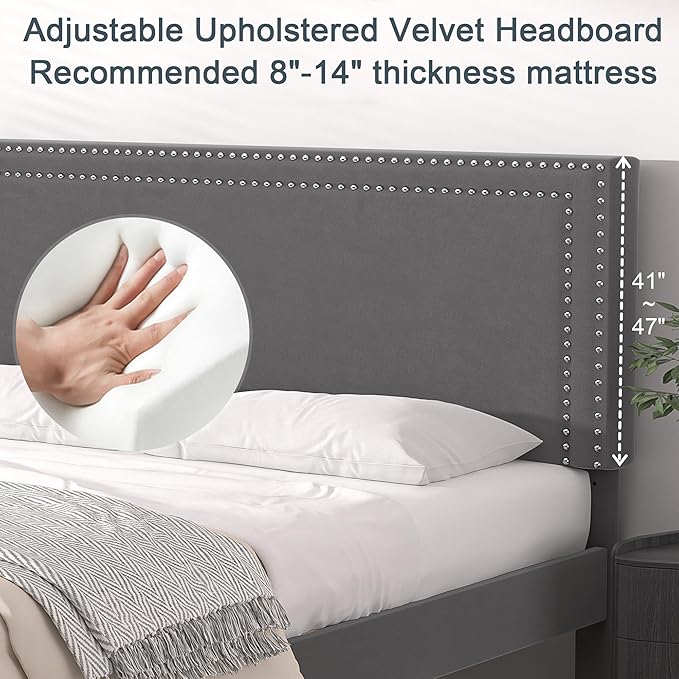 VECELO Queen Size Platform Bed Frame with Height Adjustable Upholstered Headboard, Modern Mattress Foundation,Strong Wood Slat Support, No Box Spring Needed, Easy Assembly - LeafyLoom