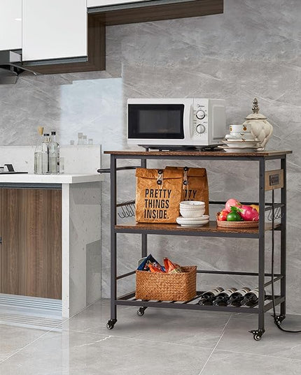 IBUYKE Kitchen Island with 3 Shelves, Island Table for Kitchen with Power Outlet,Kitchen Cart with Large Worktop,Rolling Bar Cart for Home, Outdoor, Kitchen, Living Room TMJ024H - LeafyLoom