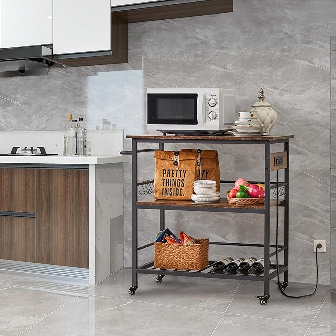 IBUYKE Kitchen Island with 3 Shelves, Island Table for Kitchen with Power Outlet,Kitchen Cart with Large Worktop,Rolling Bar Cart for Home, Outdoor, Kitchen, Living Room TMJ024H - LeafyLoom