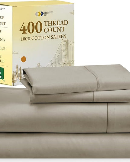California Design Den 100% Cotton Sheets - Softest 4-Pc Queen Sheet Set, Cooling Sheets for Queen Size Bed, Deep Pockets, 400 Thread Count Sateen, Bedding Sheets & Pillowcases, Queen Sheets (Taupe) - LeafyLoom