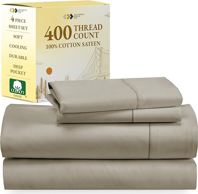 California Design Den 100% Cotton Sheets - Softest 4-Pc Queen Sheet Set, Cooling Sheets for Queen Size Bed, Deep Pockets, 400 Thread Count Sateen, Bedding Sheets & Pillowcases, Queen Sheets (Taupe) - LeafyLoom