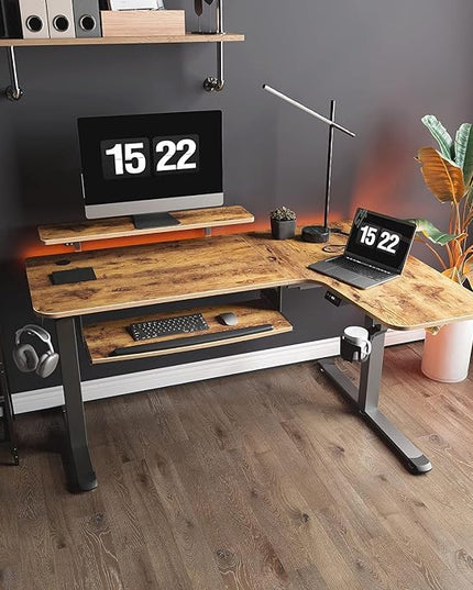 EUREKA ERGONOMIC Standing Desk with Keyboard Tray, Computer Desk, 61" L Shaped Electric Adjustable Height Desk w Monitor Stand LED, Corner Sit Stand Desk Gaming Desk, Dual Motor,Right/Rustic Brown - LeafyLoom
