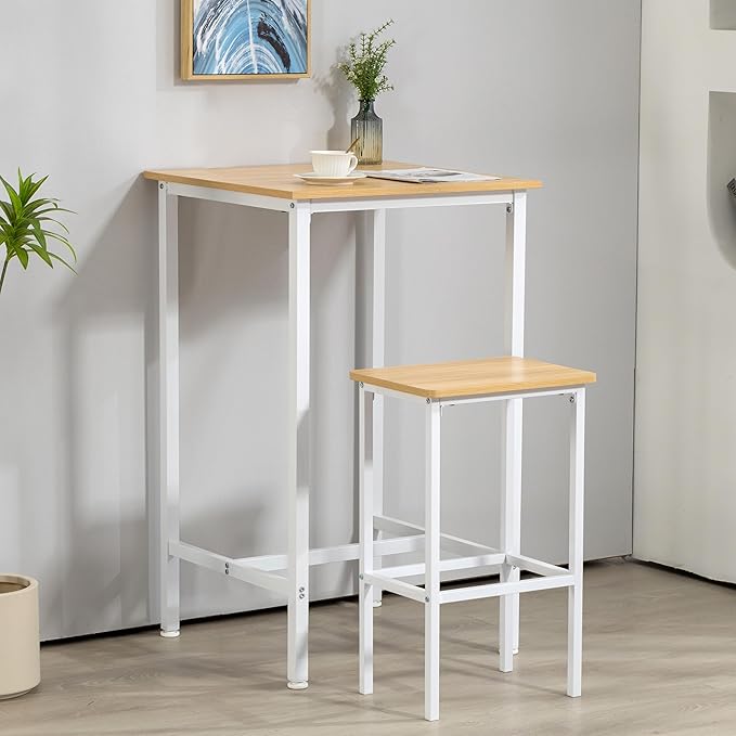 Finnhomy Bar Table, 23.6" Pub Table High Top Table, Square Bar Height Table, Counter Height Cocktail Table, Small Kitchen Table Set for 2, Breakfast for Kitchen, Living Room, Oak Beige and White - LeafyLoom