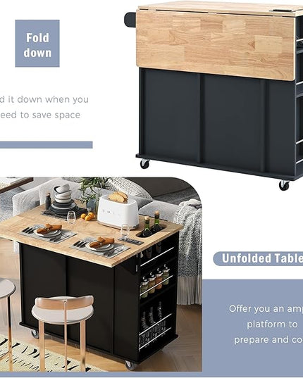 Kitchen Island with Storage, Rolling Table on Wheels w/Power Outlet, Drop Leaf and Rubber Wood Contertop, Wine Rack for Dinning Room - LeafyLoom
