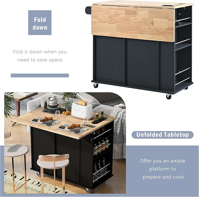 Kitchen Island with Storage, Rolling Table on Wheels w/Power Outlet, Drop Leaf and Rubber Wood Contertop, Wine Rack for Dinning Room - LeafyLoom