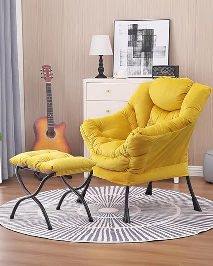 Lazy Chair and Ottoman, Large Accent Lounge Chair with Armrests and a Side Pocket, Modern Leisure Upholstered Sofa Reading Armchair with Footrest for Bedroom, Living Room, Dorm Rooms, Office - LeafyLoom