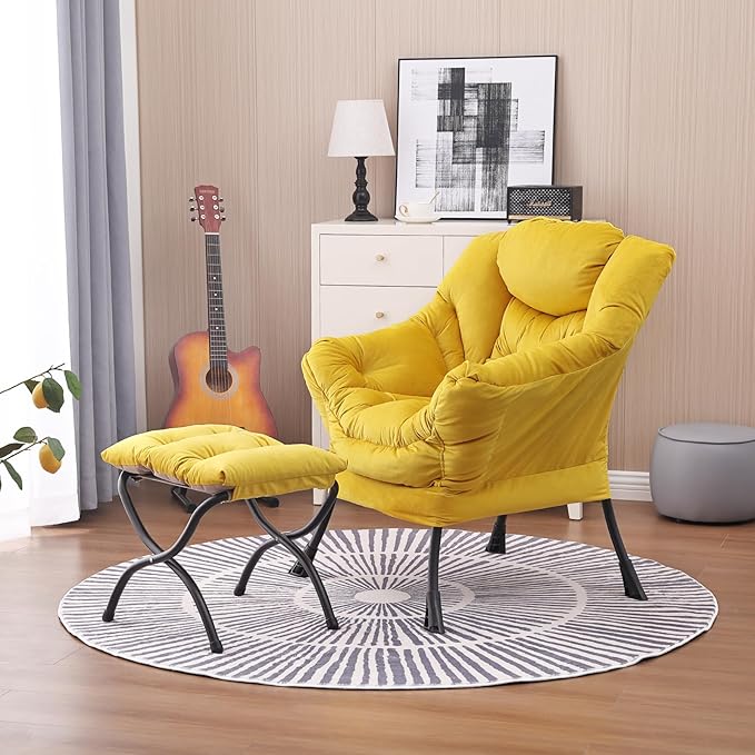 Lazy Chair and Ottoman, Large Accent Lounge Chair with Armrests and a Side Pocket, Modern Leisure Upholstered Sofa Reading Armchair with Footrest for Bedroom, Living Room, Dorm Rooms, Office - LeafyLoom