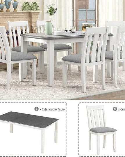 Retro Style 7 Piece Set with Extendable Table and 6 Upholstered Chairs, for Living, Dining Room, Home Bar and Kitchen, Gray+White - LeafyLoom