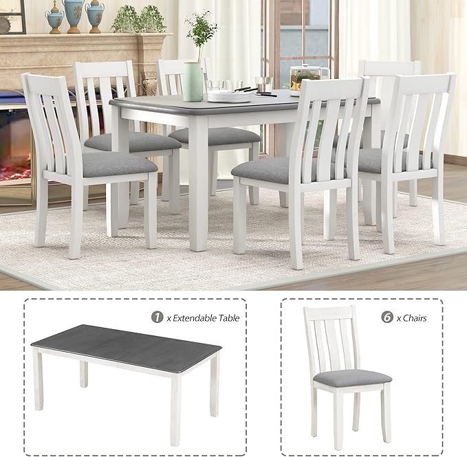 Retro Style 7 Piece Set with Extendable Table and 6 Upholstered Chairs, for Living, Dining Room, Home Bar and Kitchen, Gray+White - LeafyLoom