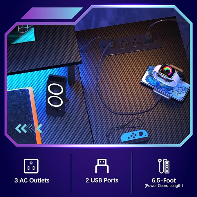 L Shaped Gaming Desk with Power Outlets & LED Strip Lights,Computer desk with Large Monitor Stand,Corner Desk with Storage Shelf,Headphone Hook&Cup Holder for Home Office - LeafyLoom