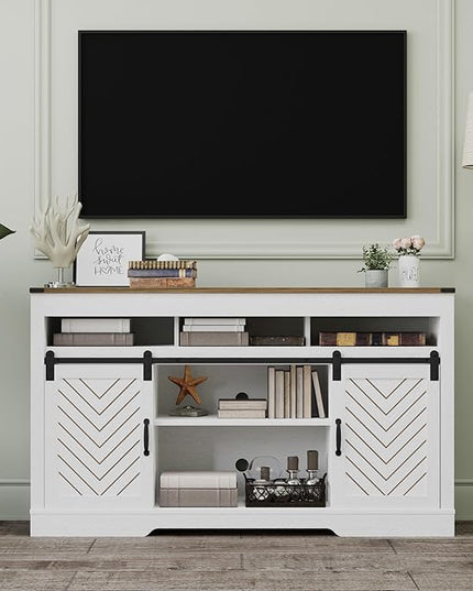 Farmhouse TV Stand with Sliding Barn Door for TVs up to 65+ Inch, 34" Tall Entertainment Center, Wood Media Console Storage Cabinet for Bedroom, Living Room, Rustic and Oak White - LeafyLoom