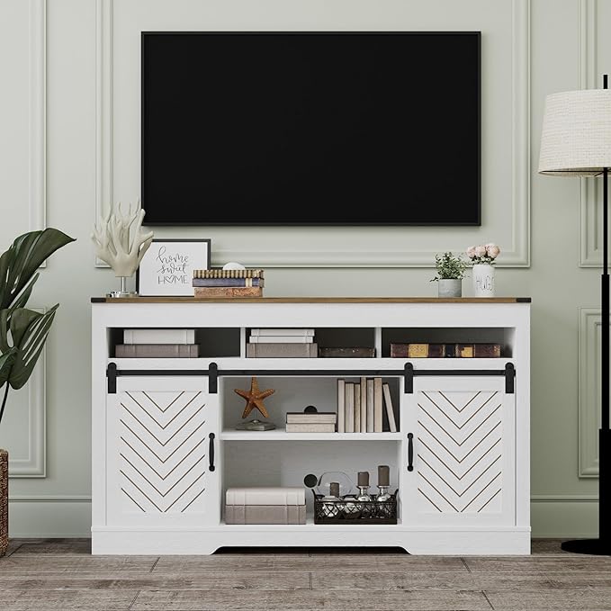 Farmhouse TV Stand with Sliding Barn Door for TVs up to 65+ Inch, 34" Tall Entertainment Center, Wood Media Console Storage Cabinet for Bedroom, Living Room, Rustic and Oak White - LeafyLoom