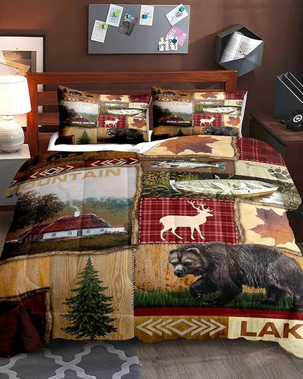 LUVIVIHOME 3PCS Cabin Comforter Set Queen Size, Bear Fish Deer Elk Moose Forest Animal Wildlife Hunting Fishing Red Buffalo Plaid Patchwork Quilt Country Lodge Rustic Farmhouse Bedding, 2 Pillow Shams - LeafyLoom