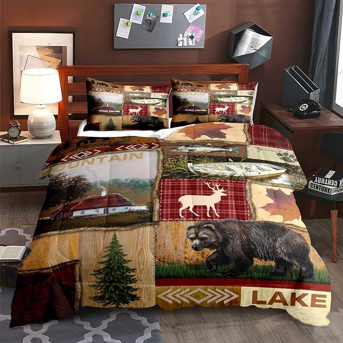 LUVIVIHOME 3PCS Cabin Comforter Set Queen Size, Bear Fish Deer Elk Moose Forest Animal Wildlife Hunting Fishing Red Buffalo Plaid Patchwork Quilt Country Lodge Rustic Farmhouse Bedding, 2 Pillow Shams - LeafyLoom
